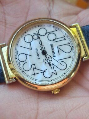 Sonnet Women Watch Blue Lizard Grain Leather Band Analog Quartz Gold Tone